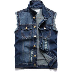 Dark Blue Men Lapel Sleeveless Slim Fit Retro Ripped Casual Jean Vest for Men's